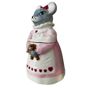 Vintage Ceramic Mouse Cookie Jar – Pink Dress with Teddy Bear – Made in Thailand